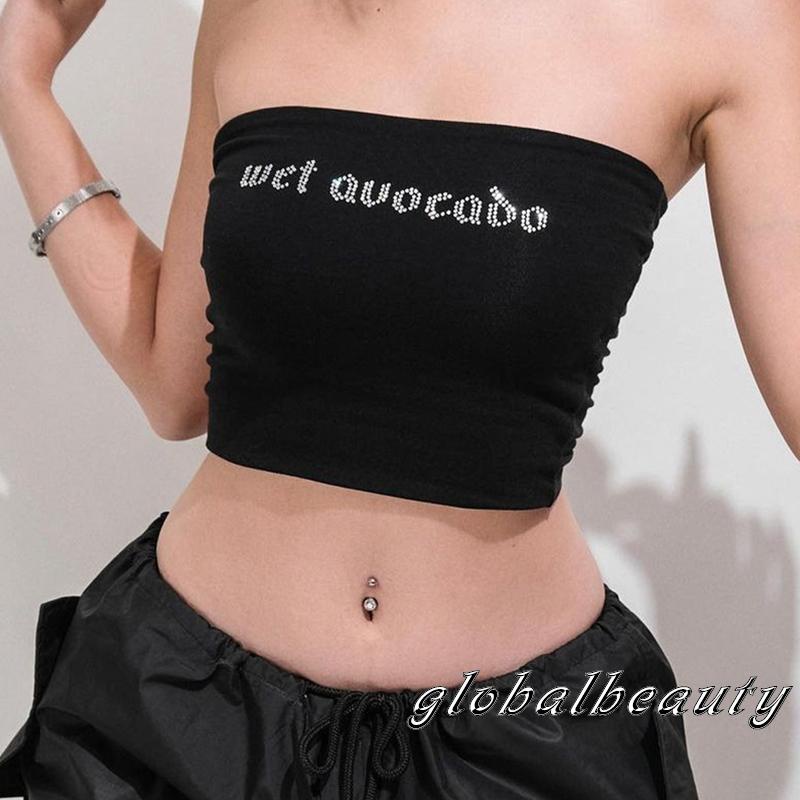 Áo Croptop Trễ Vai Không Dây Co Giãn Đính Đá In Chữ Phong Cách Đường Phố Thời Trang Mùa Hè Cho Nữ