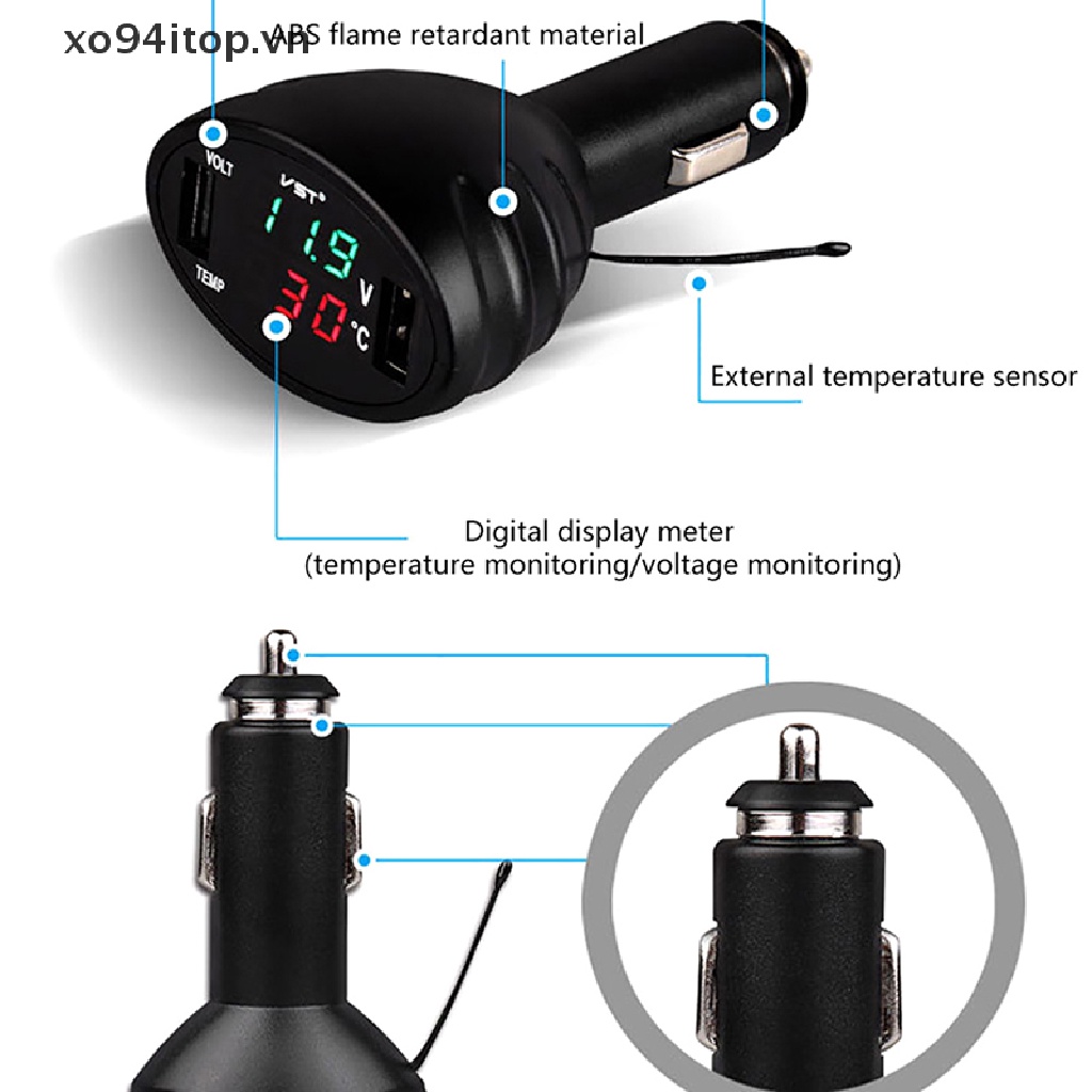 Vôn Kế Kỹ Thuật Số Hai Cổng USB 12V / 24V Có Đèn LED Cho Xe Hơi