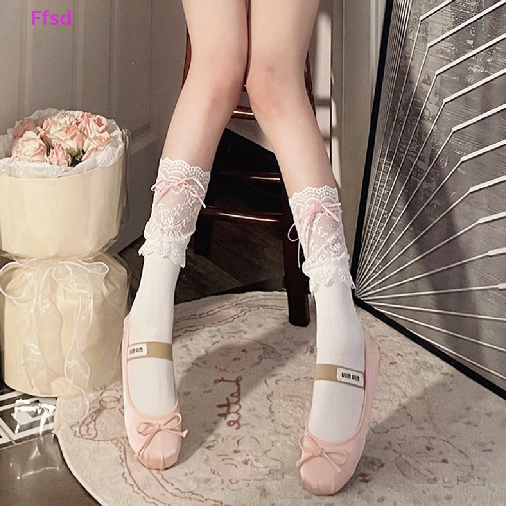 {Ffsd} 1 Đôi Tất Ống Dài Ngang Bắp Chân Phối Ren Rỗng Đính Nơ Phong Cách Lolita Dành Cho Nữ * Bán Chạy