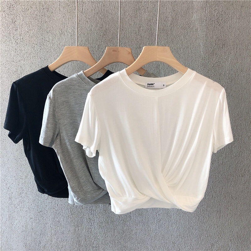 Summer Loose Casual Short Sleeve Workout T-Shirt Slim Exposed Navel Running Yoga Crop Top Female
