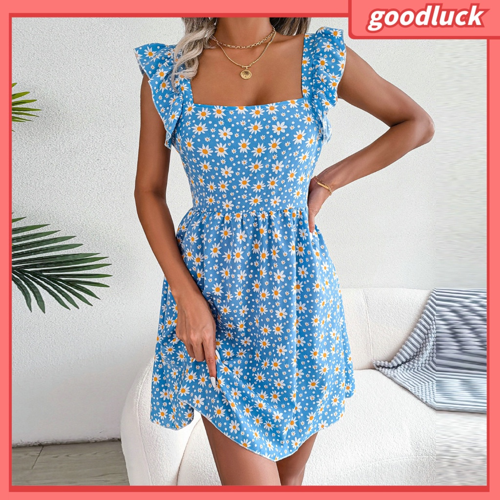 Đầm Hai Dây Cổ Vuông Eo Cao Họa Tiết Hoa Thời Trang Mùa Hè Cho Nữ