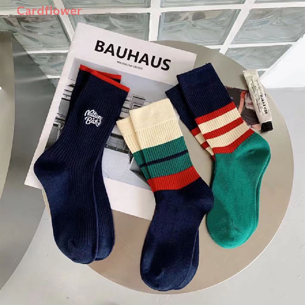 < Cardflower > Vớ Thể Thao Cotton Mỏng Thoáng Khí Thoải Mái Thêu Họa Tiết Sọc Xanh Lá Phong Cách Hip Hop Đơn Giản Thời Trang Unisex Cho Nam Và Nữ