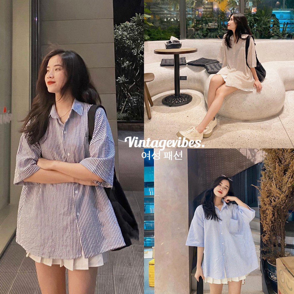 Áo sơ mi Hàn Quốc dáng rộng kẻ sọc nhiều màu Ulzzang (hàng QC) - Ảnh thật 1000%