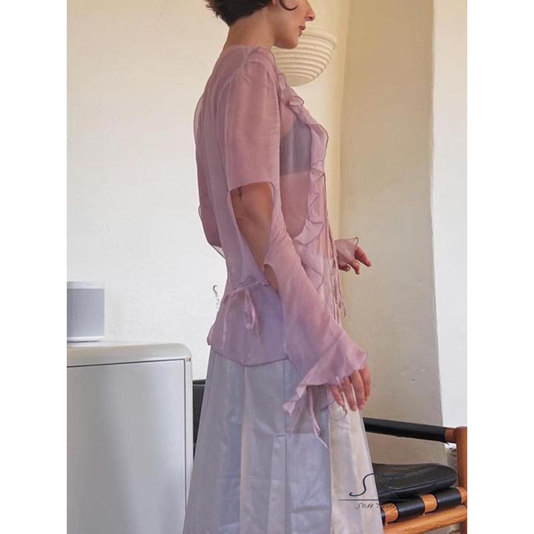 Áo Thun Dài Tay Phối Bèo Xuyên Thấu Phong Cách Đường Phố CY03