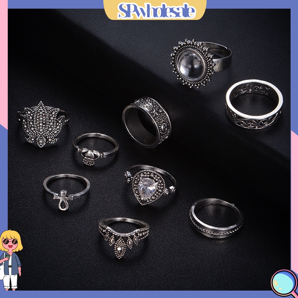 <SPwholesale> Set 9 Nhẫn Đốt Ngón Tay Đính Đá Phong Cách Retro
