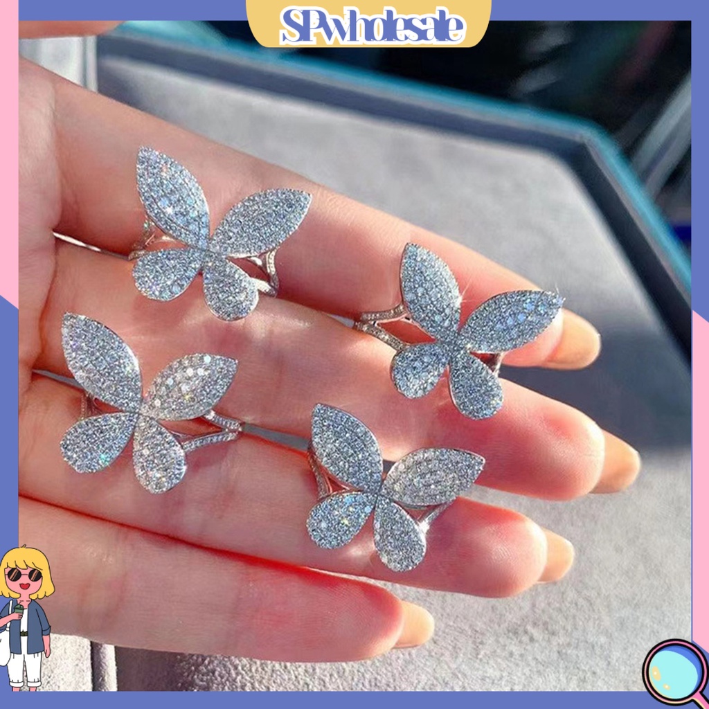 <SPwholesale> Nhẫn Hở Hình Bướm Đính Đá Sáng Lấp Lánh Có Thể Điều Chỉnh Được Trang Sức Sang Trọng Cho Nữ