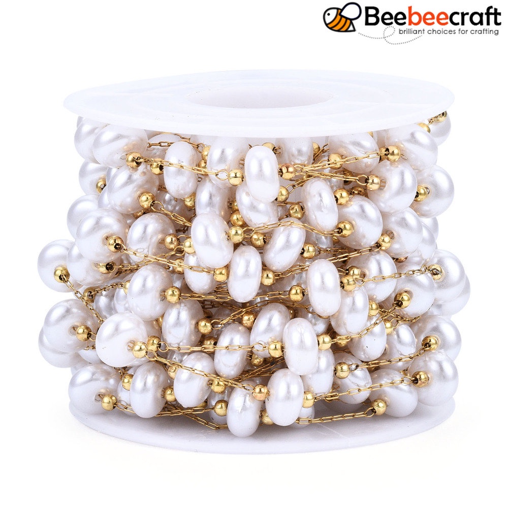 1 Cuộn Dây Chuỗi Hạt Ngọc Trai Bằng Nhựa ABS Màu Vàng 316 Bằng Thép Không Gỉ 8x4.5mm Khoảng 16.40 Feet (5m) / Cuộn