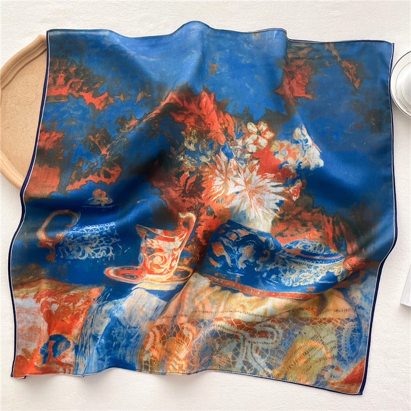 Khăn Choàng Cổ Hình Vuông Cỡ Nhỏ Vải Nhung Cotton Lanh In Họa Tiết Tranh Sơn Dầu Kiểu Retro Thời Trang Xuân Thu 65x65cm