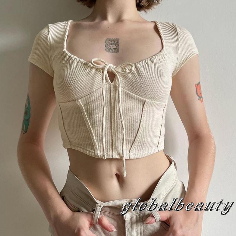 Áo Thun Croptop Tay Ngắn Dáng Ôm Thiết Kế Cắt Thấp Thời Trang Mùa Hè Cá Tính Cho Nữ