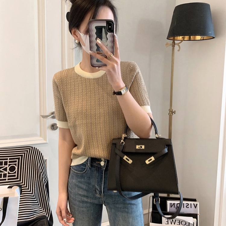 Áo Thun Dệt Kim Tay Ngắn Cổ Tròn Khoét Lỗ Phối Màu Tương Phản Thời Trang Mùa Hè Phong Cách Hàn Quốc