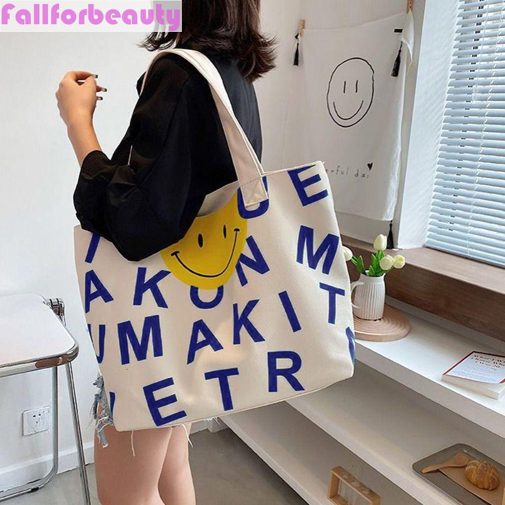 Fallforbeauty Túi Xách Canvas Đựng Hộp Cơm Trưa In Họa Tiết Mặt Cười Và Chữ Phong Cách Hàn Quốc