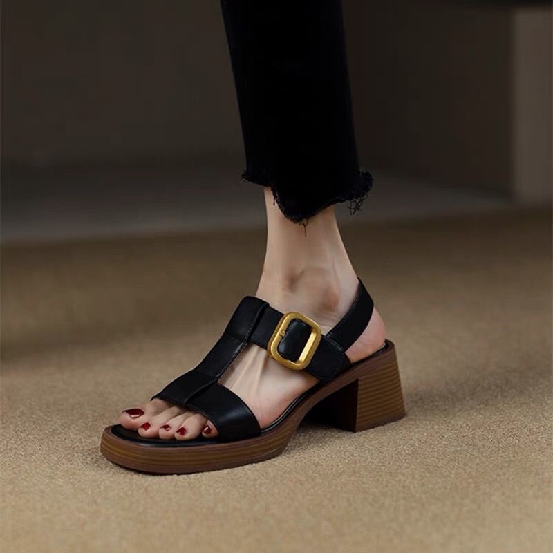Giày Sandal Gót Dày Mũi Vuông Bằng Da Thật Chống Nước Phong Cách Retro Cho Nữ