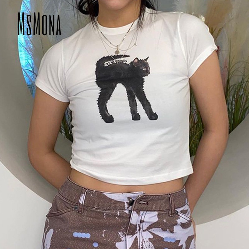 Áo Thun Tay Ngắn Cổ Tròn Màu Trơn Họa Tiết Hoạt Hình Thời Trang 2023 Cho Nữ