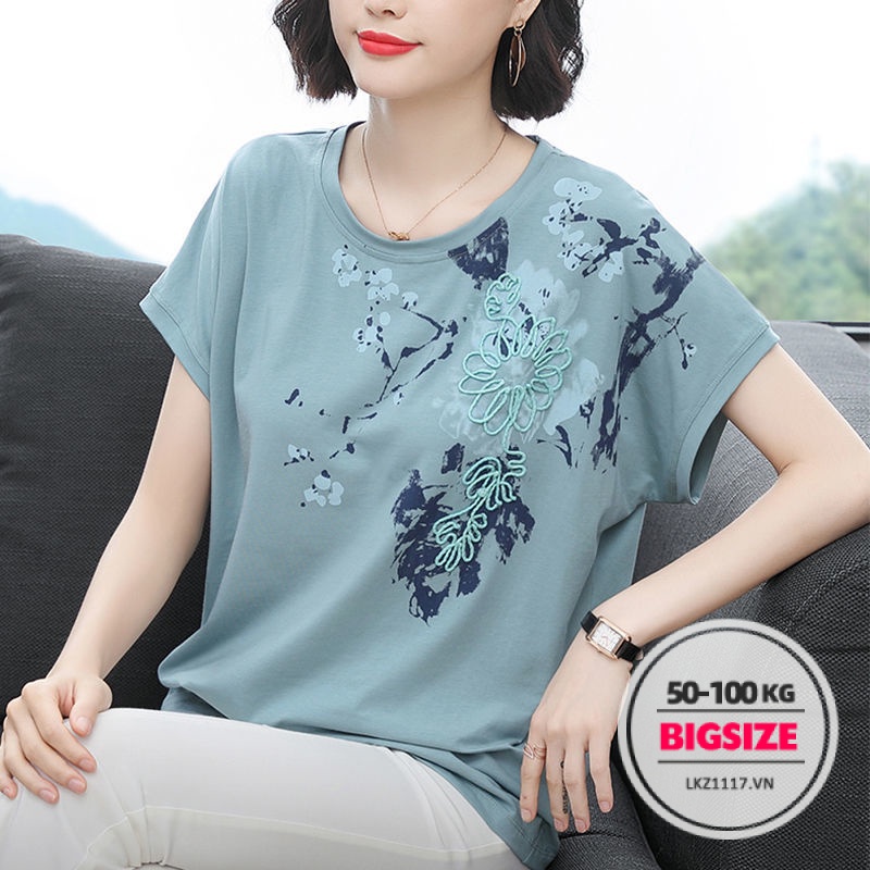 Áo kiểu trung niên nữ Bigsize Áo thun nữ trung niên cho mẹ form rộng tay ngắn cổ tròn in hình mùa hè Phong cách hàn quốc Thời Trang trẻ trung sang trọng đẹp cao cấp