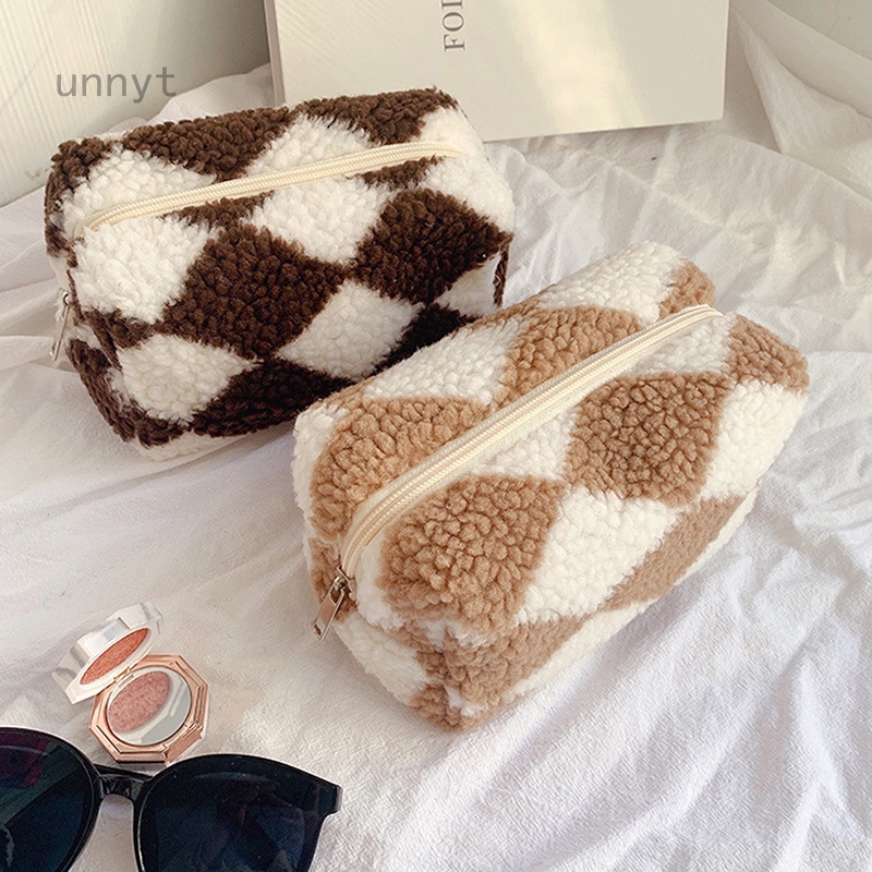 Túi Đựng Đồ Trang Điểm / Bút Chì Sức Chứa Lớn Phối Lông Họa Tiết Sọc Caro Cho Học Sinh