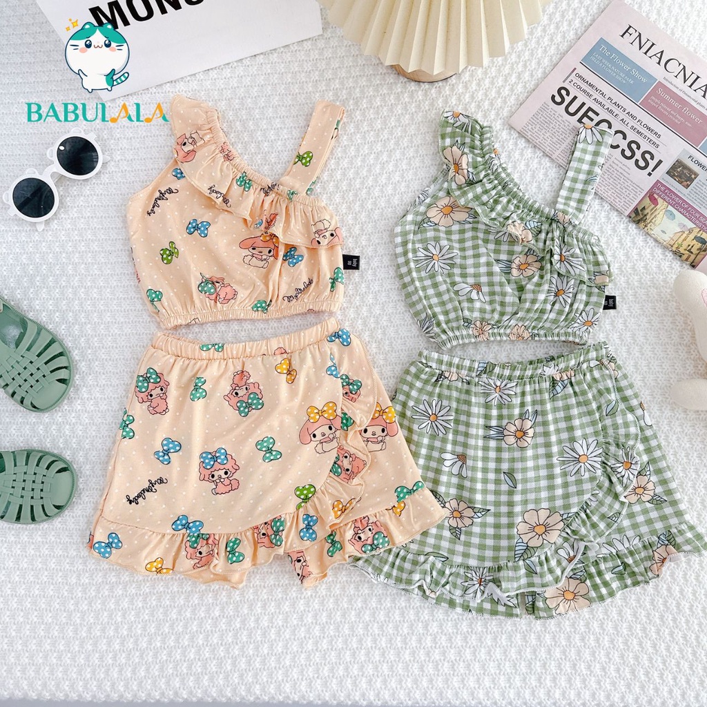 Bộ Thun Lạnh Áo Bèo Kiểu Croptop Minky Mom Chính Hãng Cho Bé Gái 8-20kg Quần Lót Váy Bèo Đáng Yêu Năng Động - Babulala