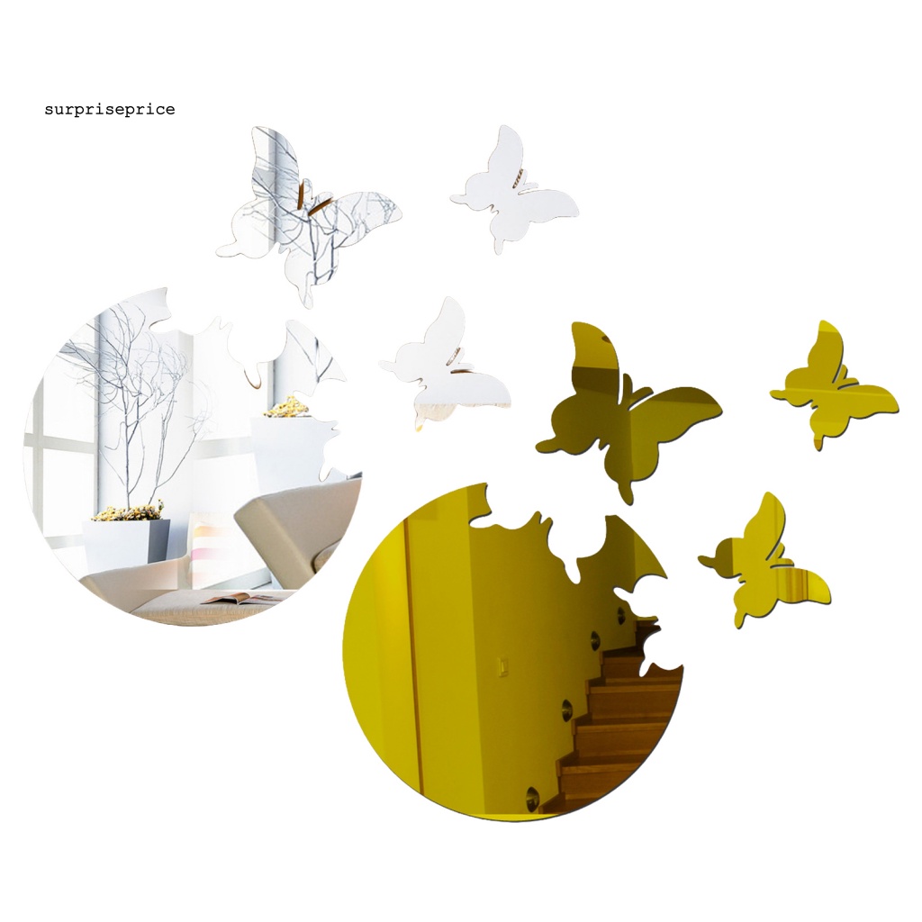 Set 4 Sticker Dán Tường Mặt Gương Acrylic Hình Bướm 3D Chống Phai Màu Cho Nhà Ở