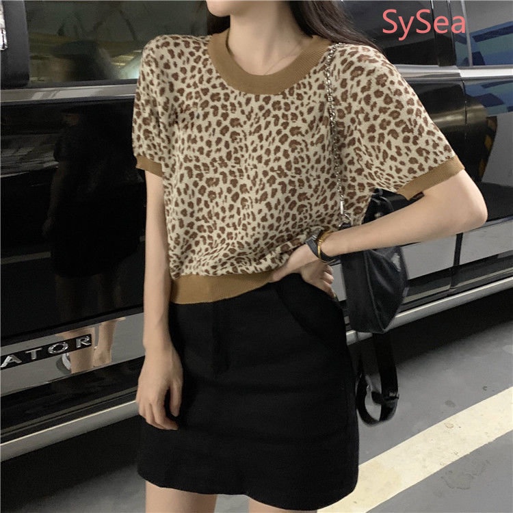 Áo Dệt Kim Cổ Tròn Dáng Rộng Họa Tiết Da Báo Cá Tính Cho Nữ