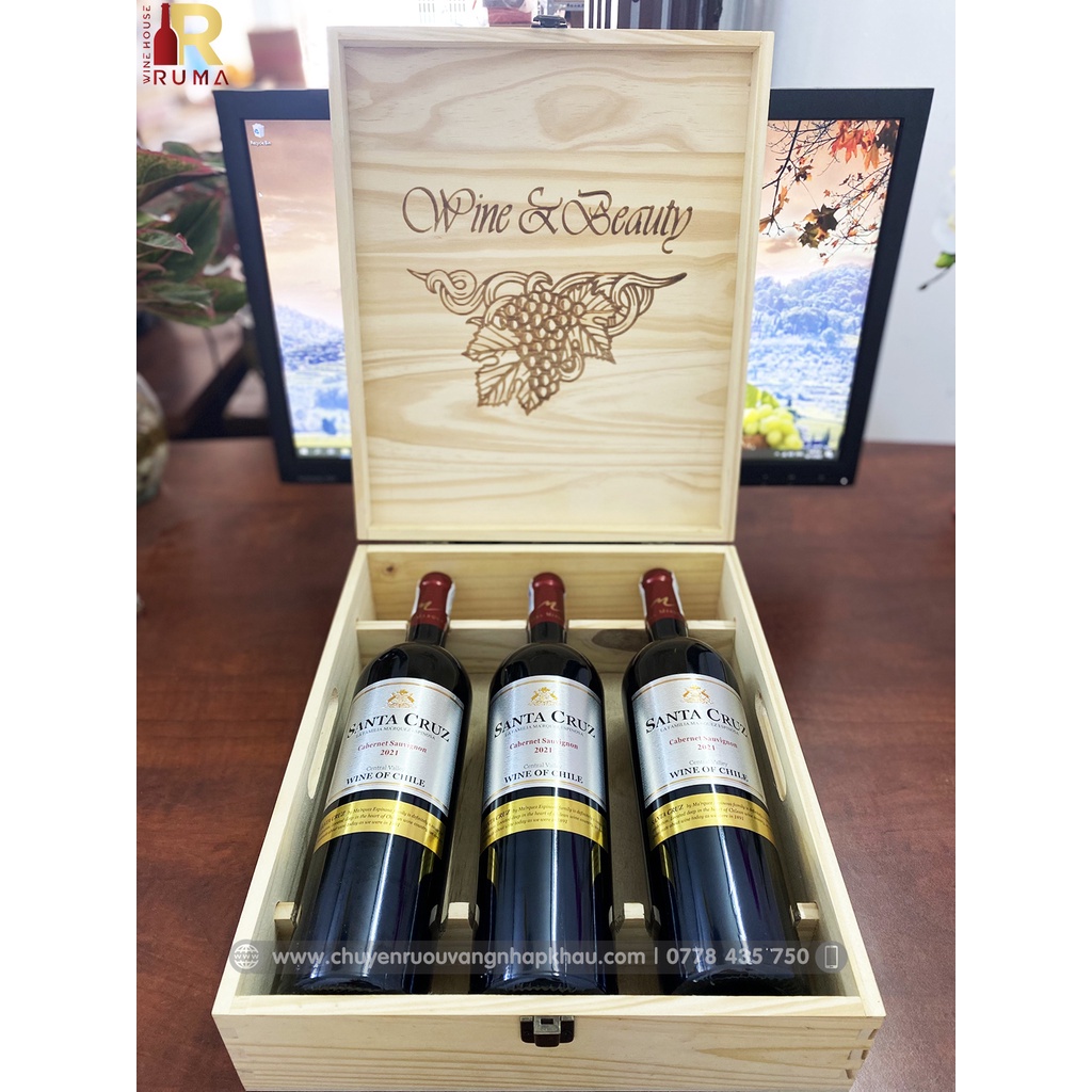 Quà tặng hộp gỗ 3 chai rượu vang Chile Santa Cruz nhập khẩu