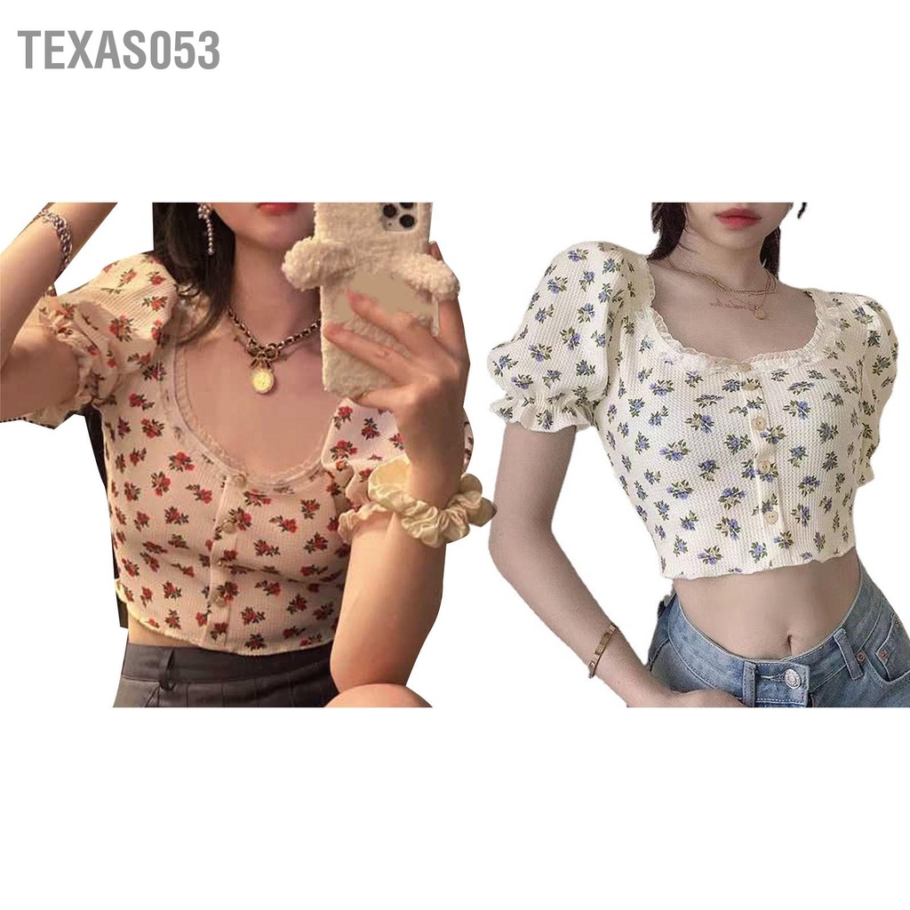 Texas053 Ngắn Tay Phồng Hoa Viền Ren Cổ Ôm Vừa Vặn Retro Thời Trang Nữ Áo Cho Mùa Hè