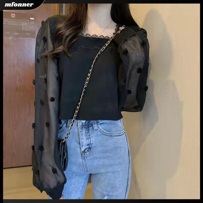 Áo Sweater Dệt Kim Tay Dài Cổ Vuông Phối Lưới Màu Trơn Thời Trang Cho Nữ