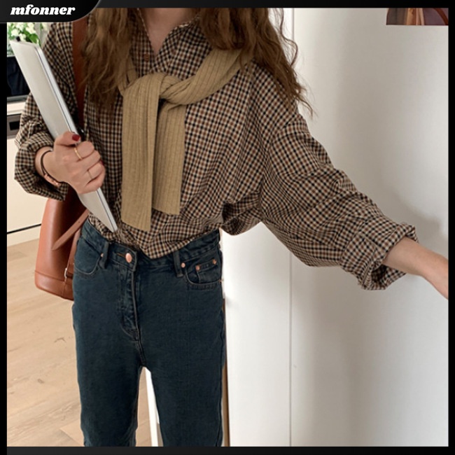 Áo Sơ Mi Dài Tay Dáng Rộng Hoa Văn Kẻ Ô Phong Cách Retro Dành Cho Nữ