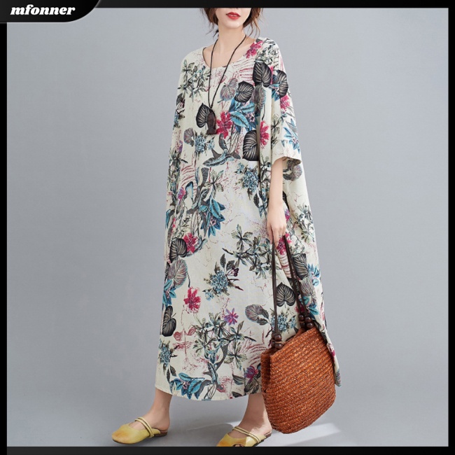 Đầm Dài Vải Lanh Cotton Tay Ngắn Cổ Tròn Plus Size Thời Trang Mùa Hè Cho Nữ