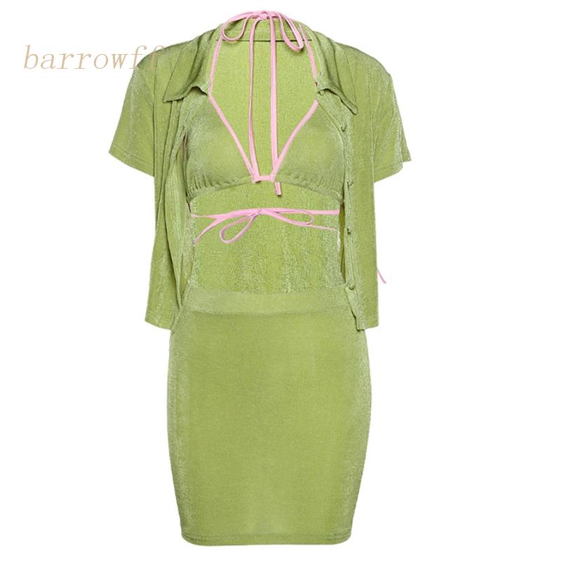 Brroa Bộ Trang Phục 3 Mảnh Gồm Áo Croptop Ngắn Tay Cài Nút + Chân Váy Ngắn Ôm Dáng Gợi Cảm Mùa Hè Cho Nữ