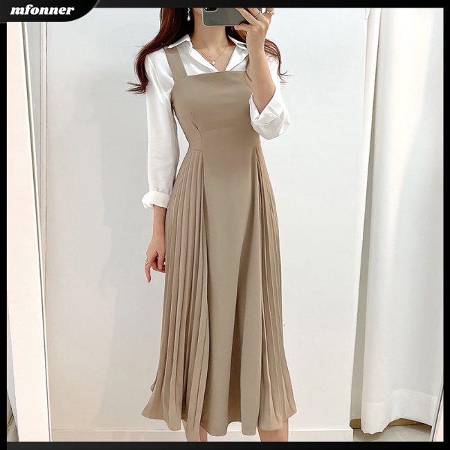 Đầm Dài Hai Dây Cổ Chữ V Xếp Ly Màu Trơn Thời Trang Cho Nữ
