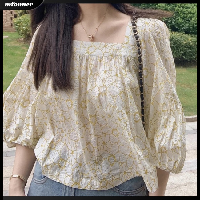 Áo Sơ Mi Chiffon Tay Phồng Cổ Vuông Họa Tiết Hoa Xinh Xắn Cho Nữ