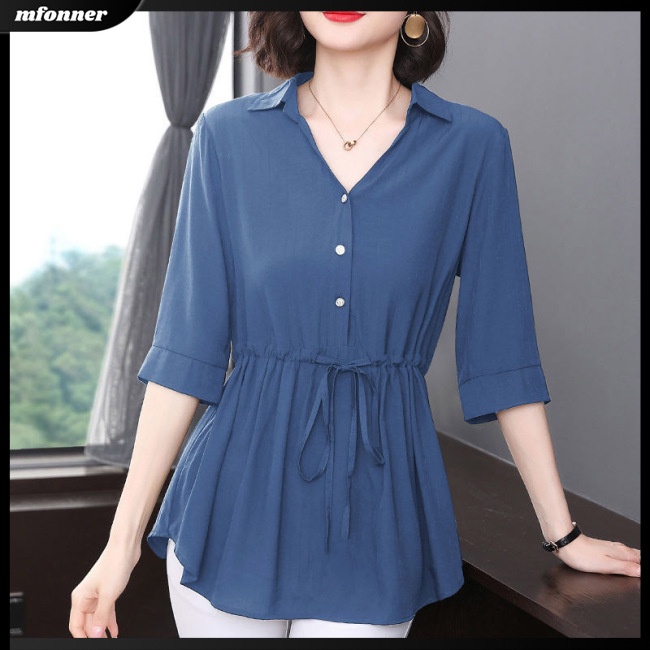 Áo Sơ Mi Cotton Tay Lửng Cổ Chữ V Màu Sắc Đơn Giản Dành Cho Nữ