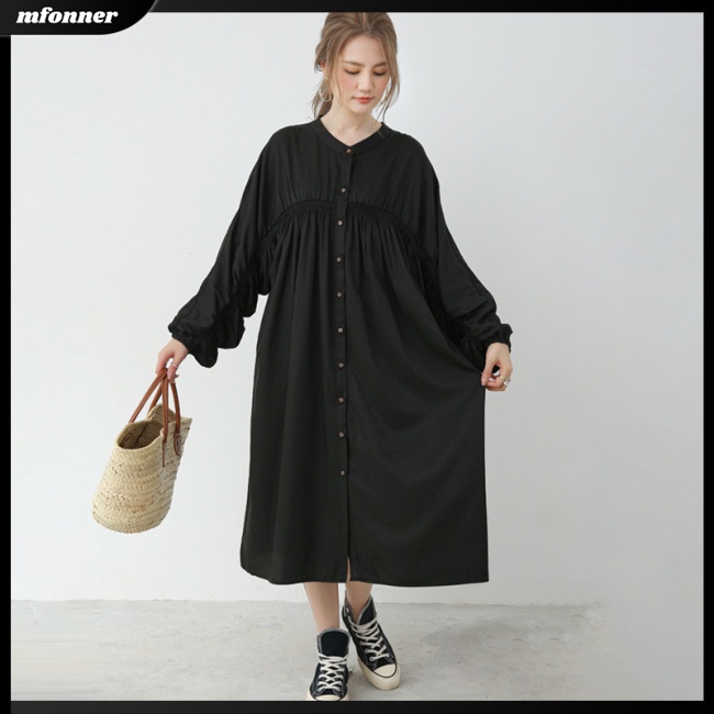 Đầm Dài Dáng Rộng Cổ Tròn Tay Phồng Màu Sắc Đơn Giản Thời Trang Cho Nữ