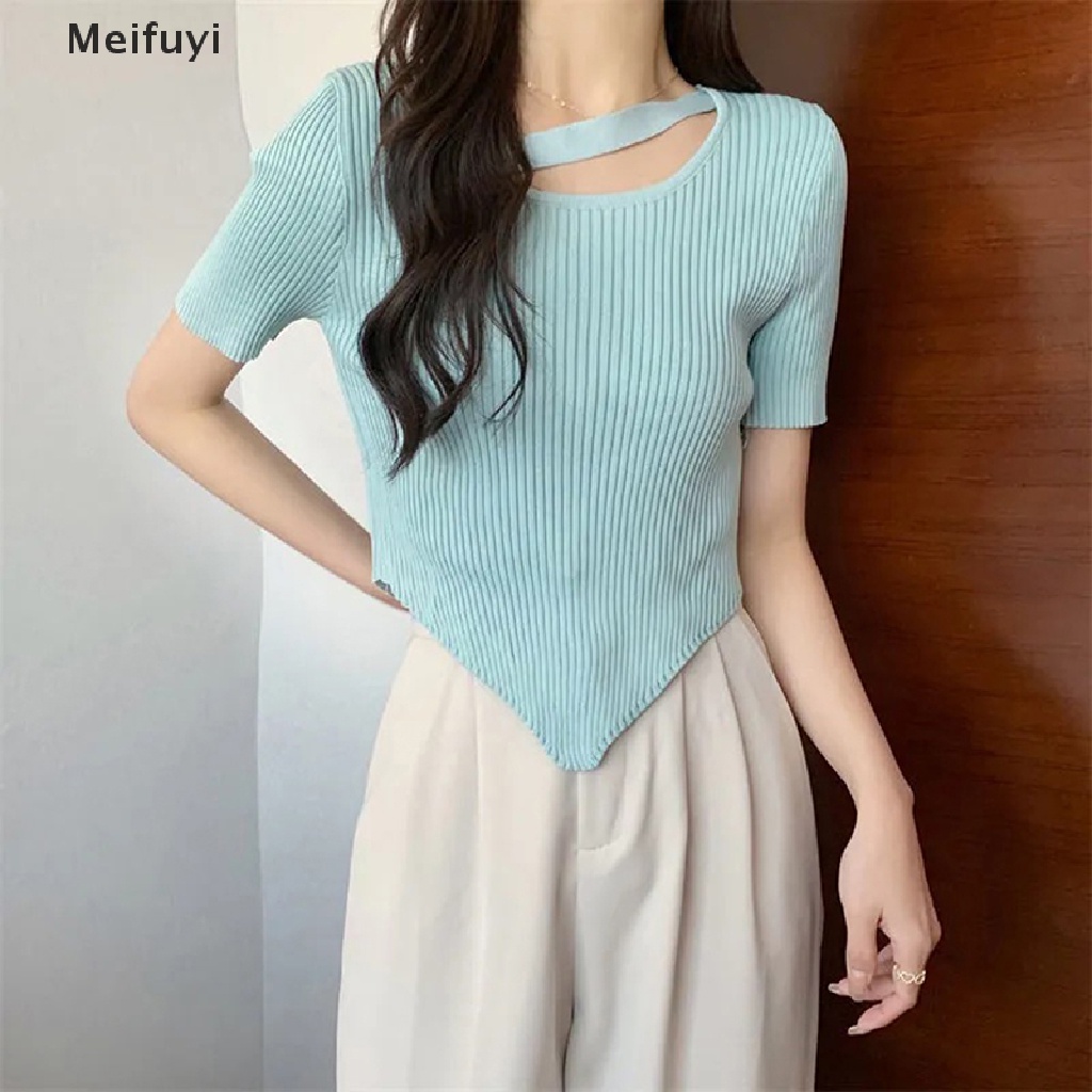 Áo Thun Dệt Kim Ngắn Tay Màu Trơn Thời Trang Mùa Hè Cho Nữ