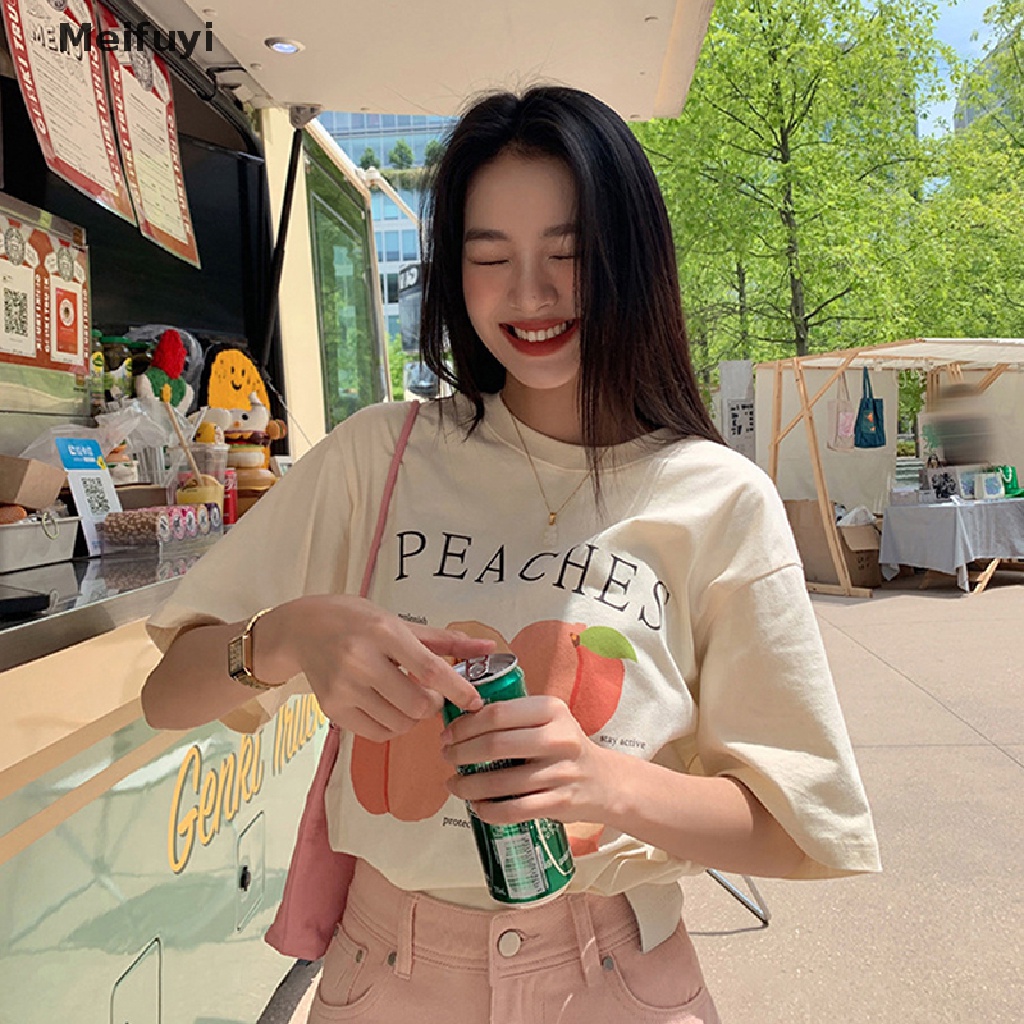 Áo Thun Tay Ngắn Cổ Tròn Dáng Rộng In Hình Quả Đào Thời Trang Mùa Hè Cho Nữ