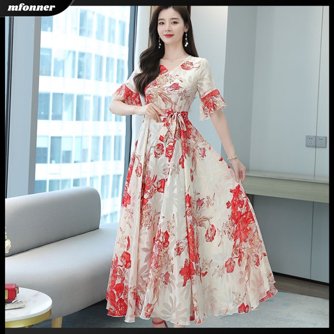 Đầm Tay Ngắn Cổ Chữ V Ôm Eo Thoáng Khí In Họa Tiết Hoa Phong Cách Phương Tây Thời Trang Mùa Xuân Cho Nữ