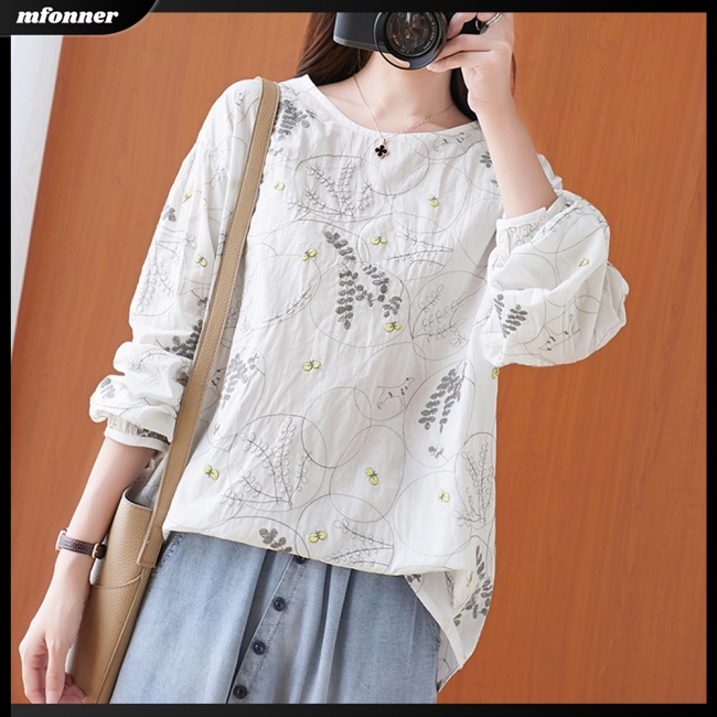 Áo Sơ Mi Cotton Lanh Chui Đầu Cổ Tròn Thêu Họa Tiết Xinh Xắn Thoải Mái Cho Nữ