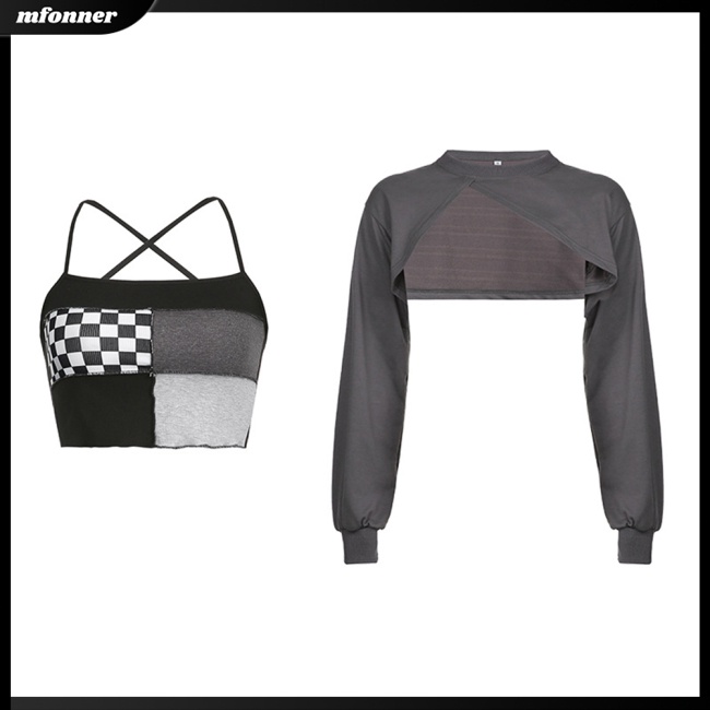 Set Đồ 2 Món Gồm Áo Sơ Mi Tay Dài Dáng Rộng Kẻ Caro Màu Tương Phản + Áo Hai Dây Thời Trang Cho Nữ