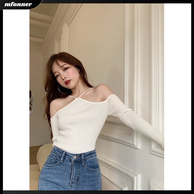 Áo Sweater Dệt Kim Trễ Vai Dài Tay Ôm Dáng Gợi Cảm Cho Nữ