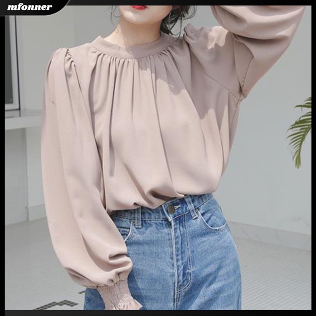 Áo Sơ Mi Voan Cổ Đứng Dài Tay Màu Trơn Phong Cách Retro Thời Trang Dành Cho Nữ