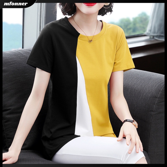 Áo Thun Tay Ngắn Cổ Tròn Dáng Rộng Màu Sắc Tương Phản Thời Trang Mùa Hè Cho Nữ