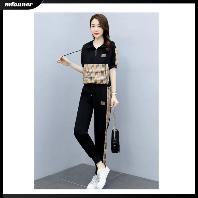 Set Đồ Thể Thao 2 Món Áo Hoodie Tay Ngắn Phối Quần Dài Thời Trang Năng Động Cho Nữ