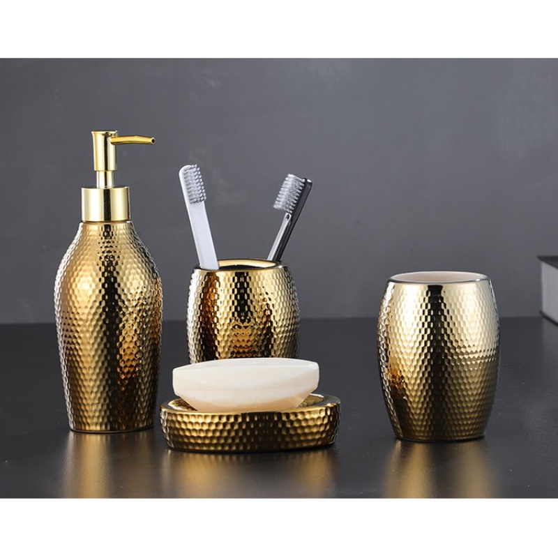 Set 4 Phụ Kiện Nhà Tắm Bằng Gốm Hình Tổ Ong Màu Vàng