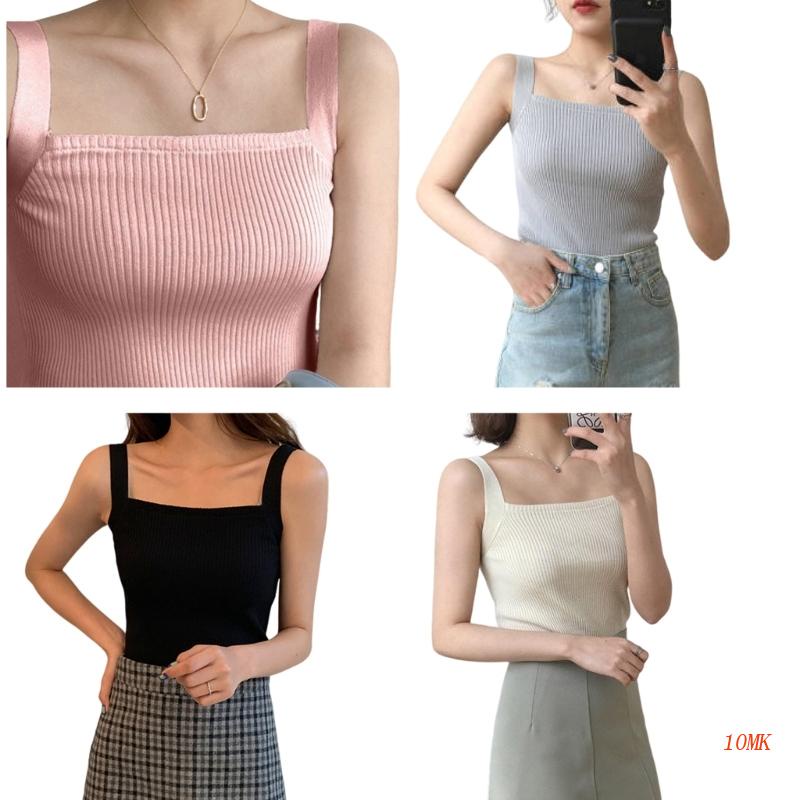 Áo Croptop Dệt Kim Cổ Vuông Dây Bản Rộng Thời Trang Mùa Hè Cho Nữ