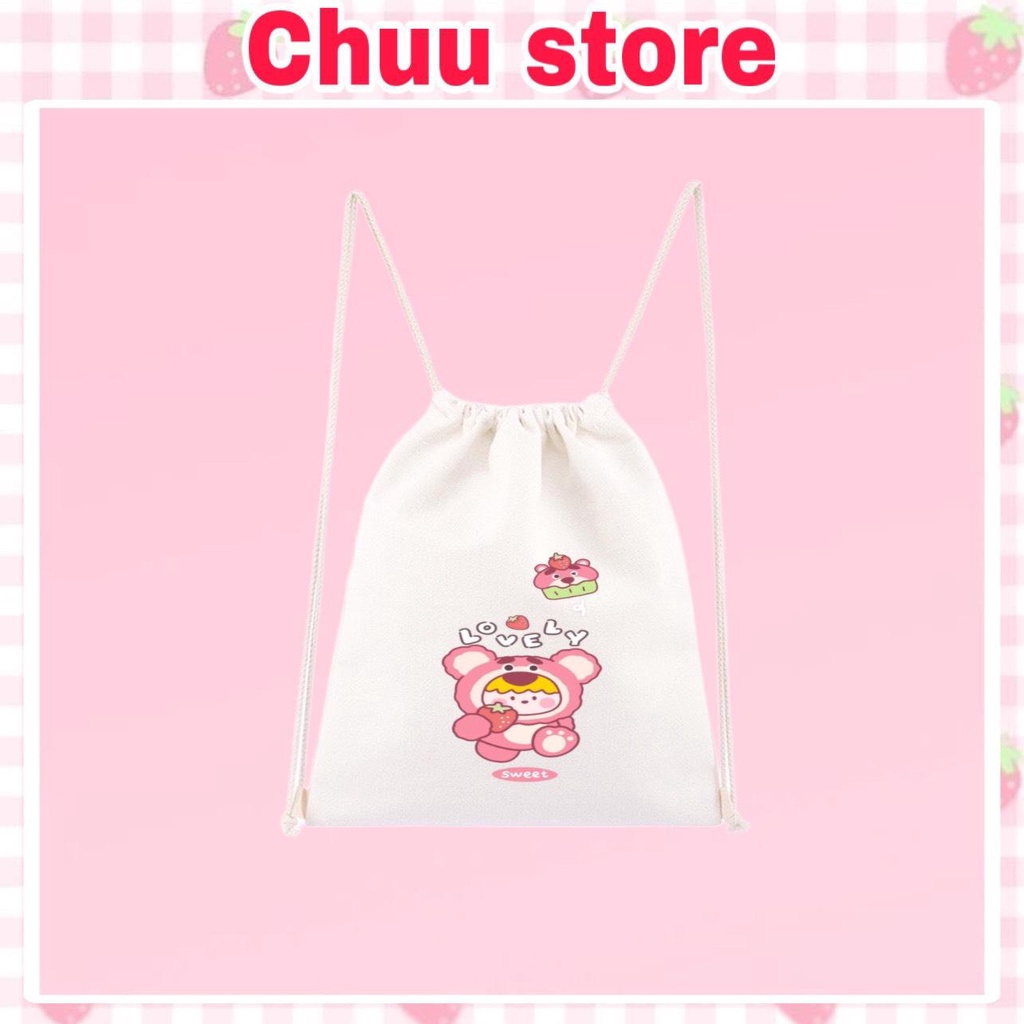 Balo Dây Rút Mini Gấu Dâu Đáng Yêu Vải Canvas Style Ulzzang Hàn Quốc TGD04