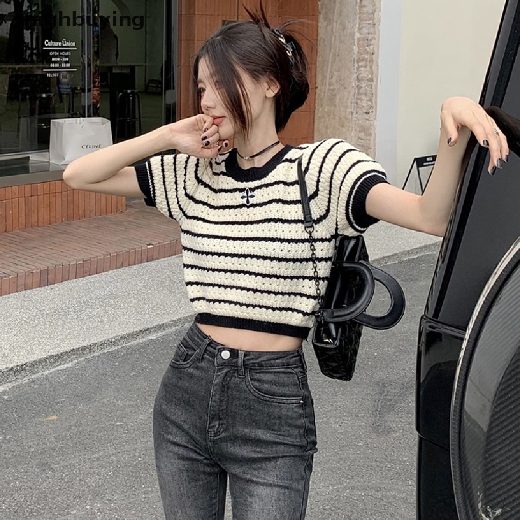 Áo Croptop Dệt Kim Ngắn Tay Cổ Tròn Họa Tiết Kẻ Sọc Phong Cách Retro