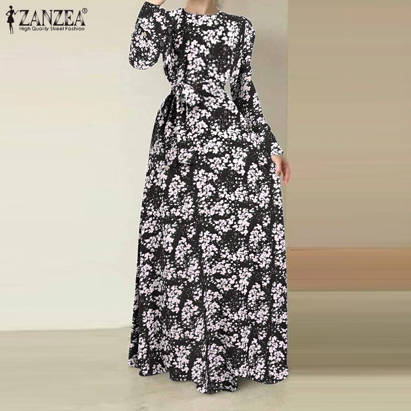 ZANZEA Đầm Dài Dáng Chữ A Tay Dài In Họa Tiết Hoa Thanh Lịch Cho Nữ