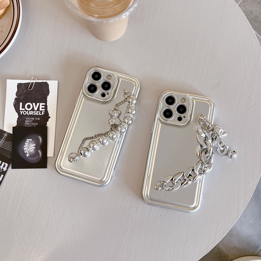 Ốp Điện Thoại TPU Dẻo Mạ Điện Họa Tiết Gấu &amp; Ngọc Trai Kèm Vòng Đeo Tay Độc Đáo Cho iPhone 14 13 12 11 PRO MAX