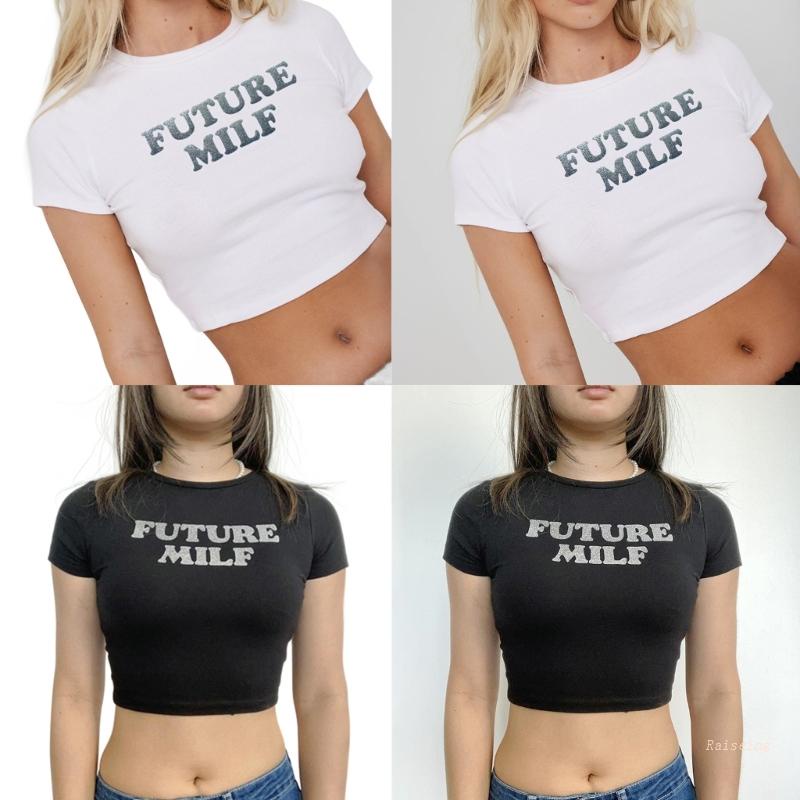 Áo Croptop Cổ Tròn In Chữ Đính Kim Sa Thời Trang Mùa Hè Dành Cho Nữ