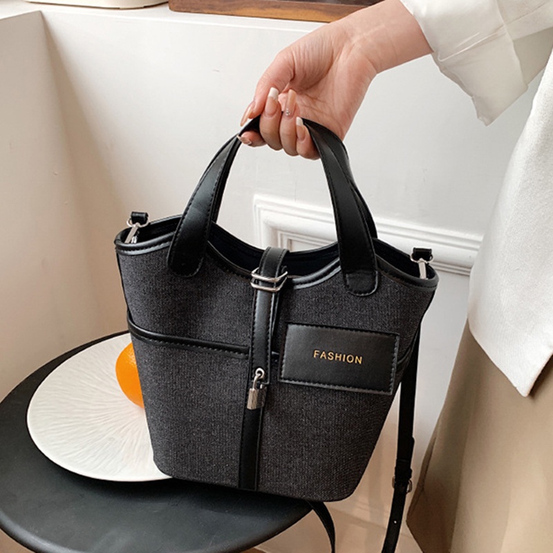 Ielgy Túi Xách bucket Bằng Vải canvas Phối Màu Tương Phản Đa Năng Thời Trang Di Động Cho Nữ