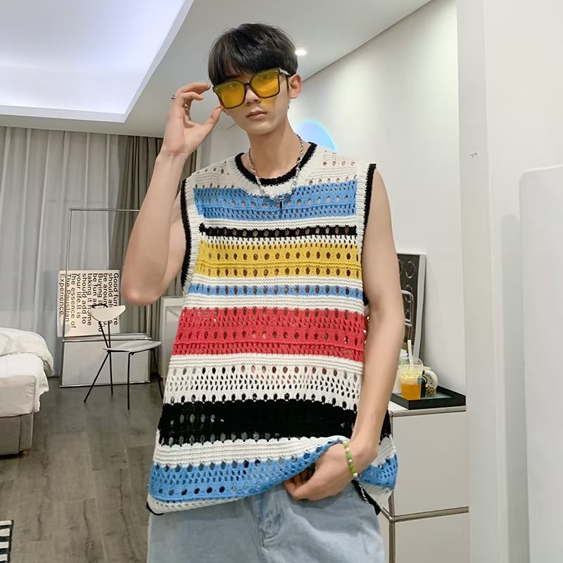 Áo Sweater Dệt Kim Sát Nách Kẻ Sọc Màu Sắc Tương Phản Kiểu Retro Cá Tính Cho Nam